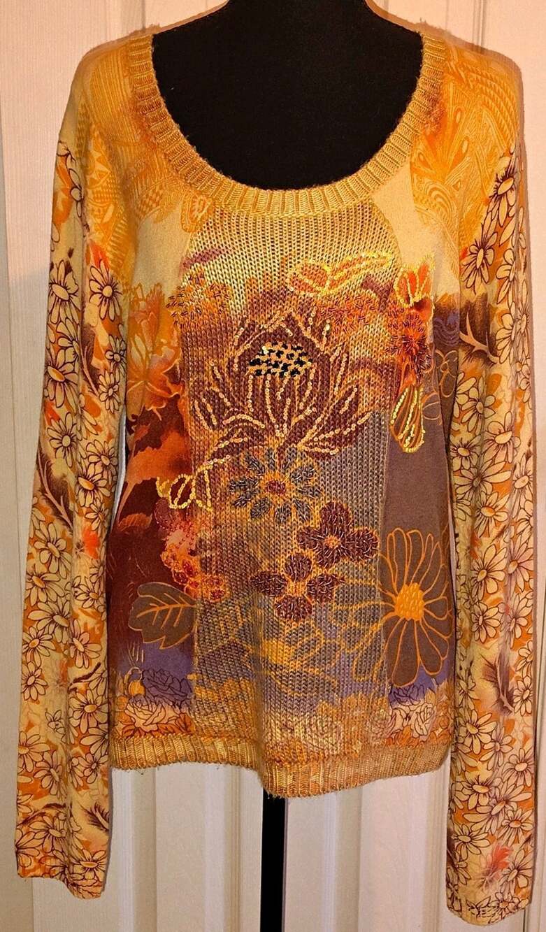 Vertigo Paris XL Multicolor Floral Tight-Knit Pullover Scoop Neck Beaded Sequin